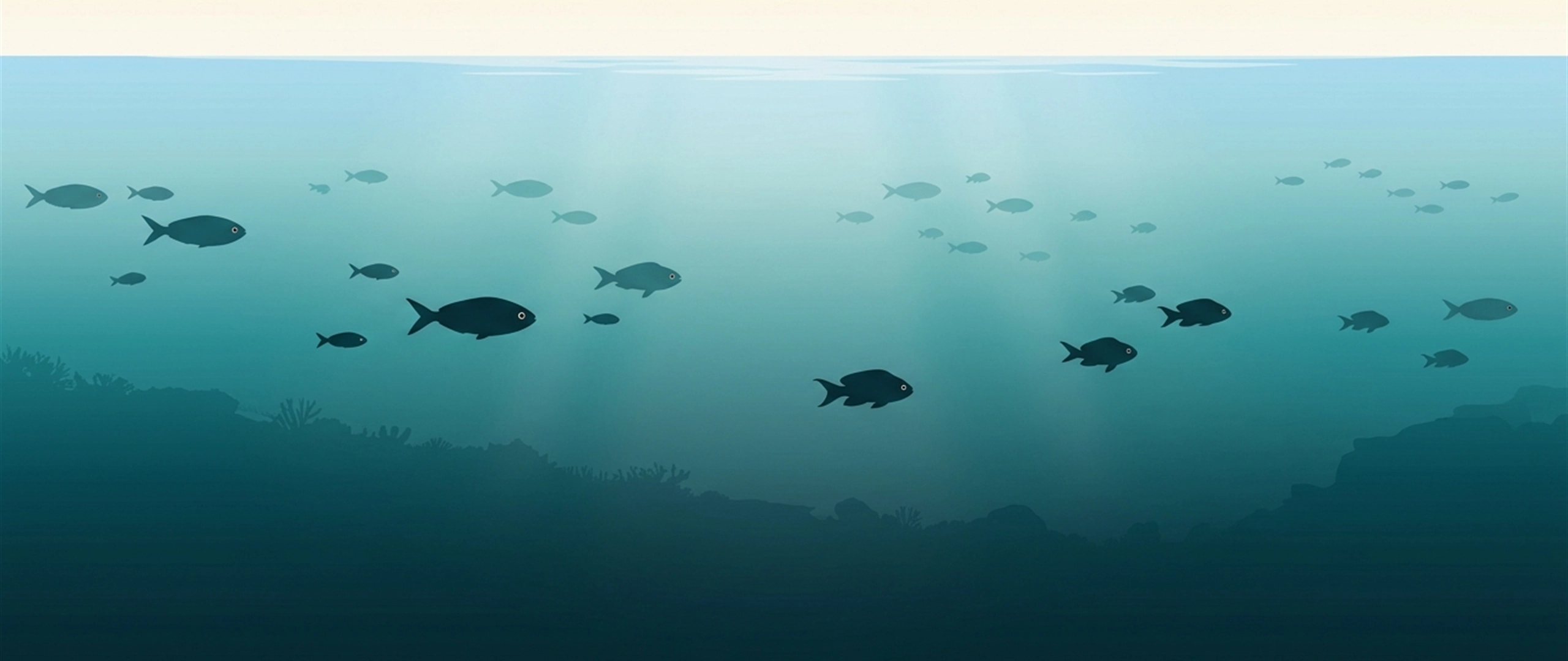 Illustration of a wide open-water scene with many fish receding into haze
