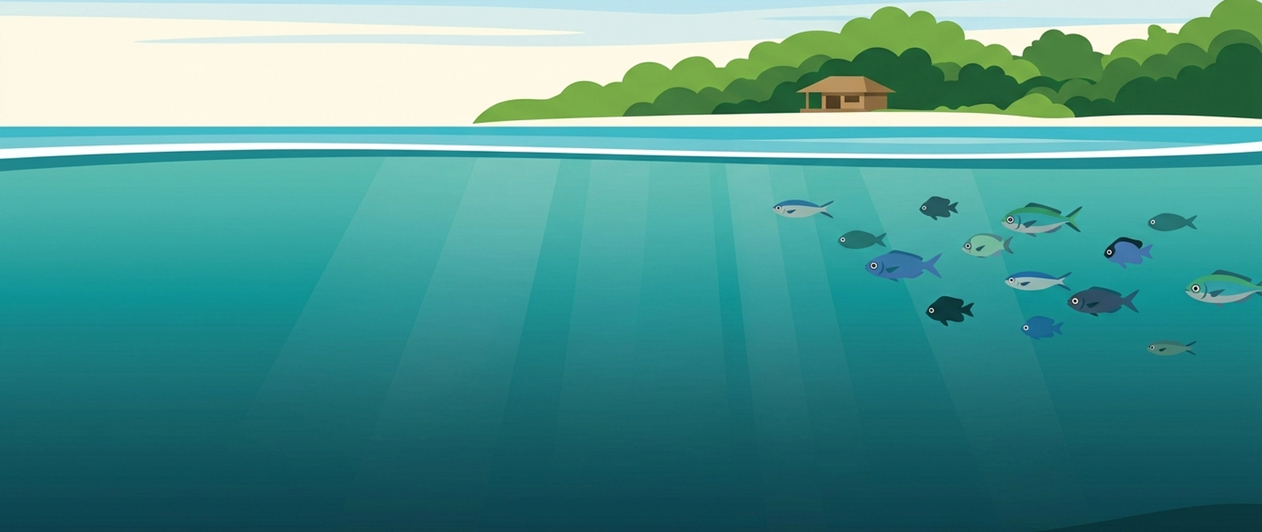 海洋公园岛屿插画,浅水区有很多小鱼