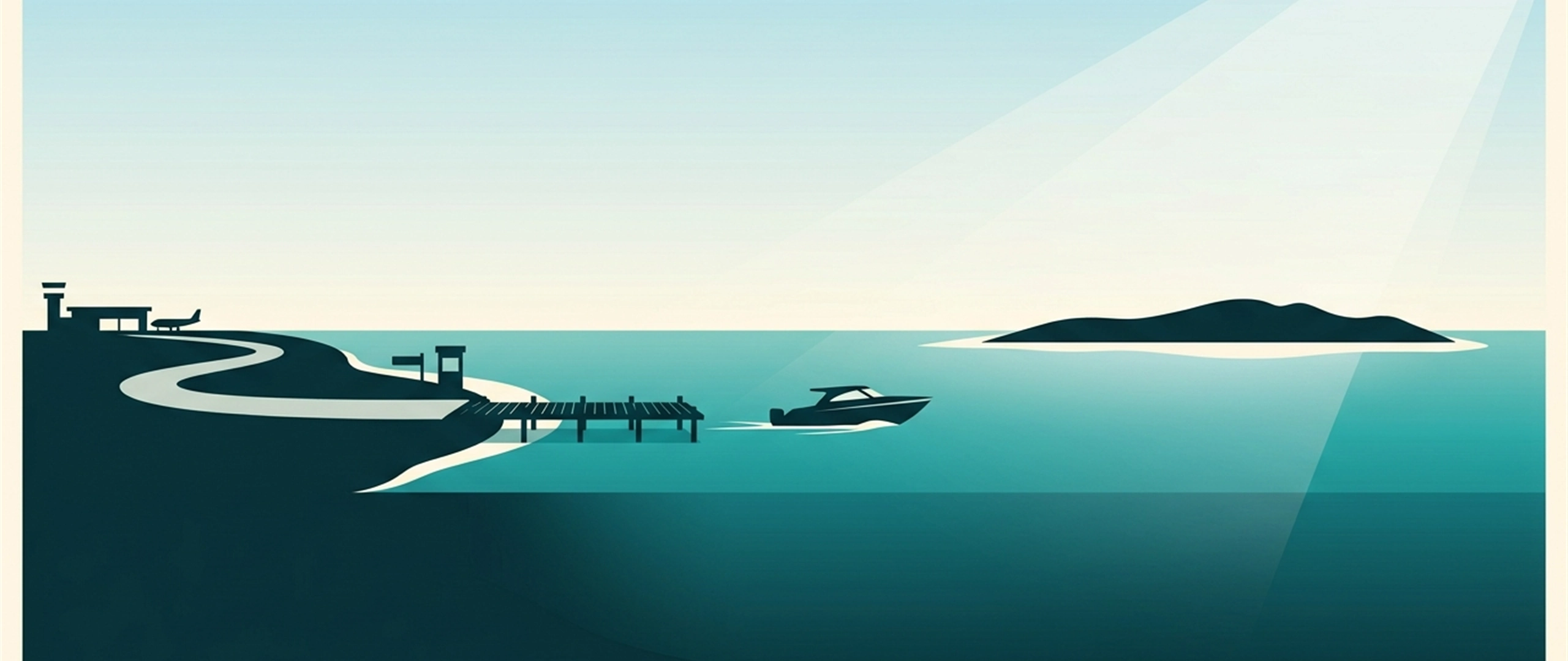 Illustration of a journey diagram from airport to road to jetty to boat and island