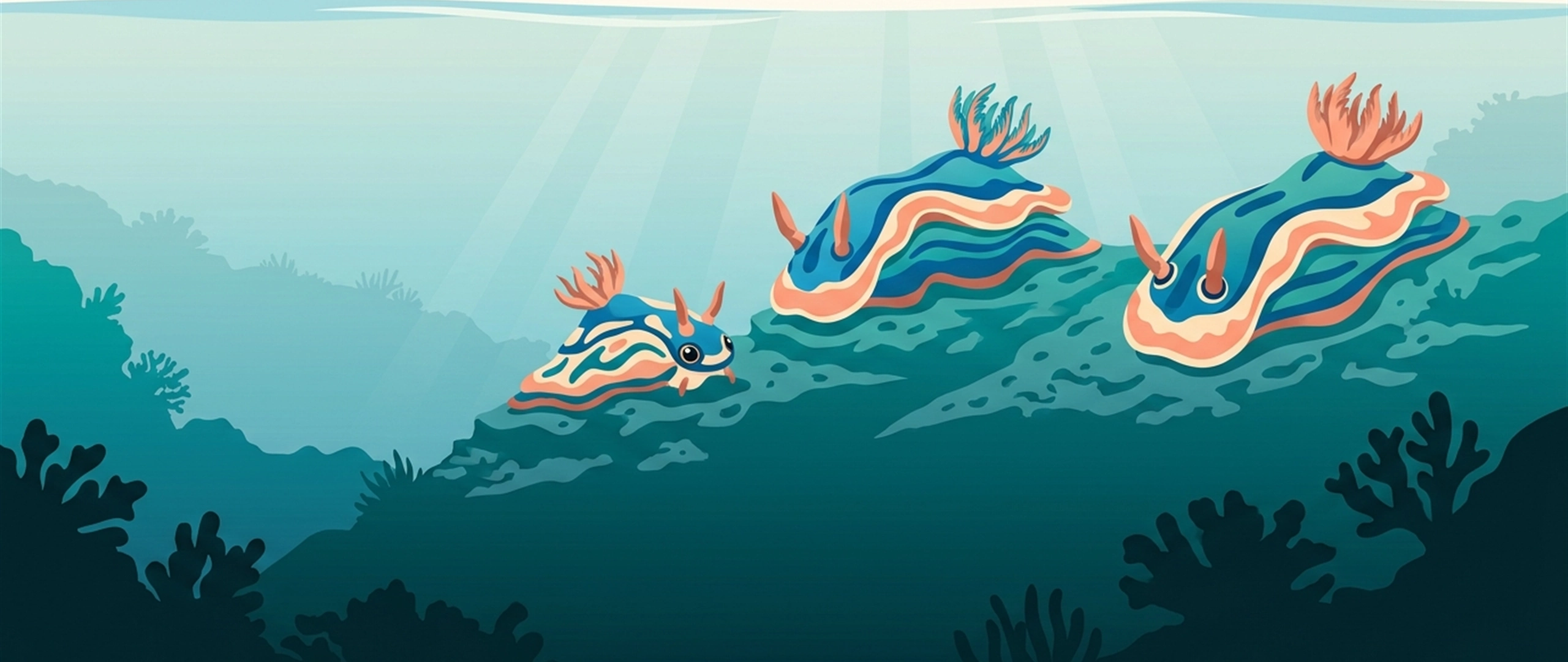 三隻海蛞蝓在礁石上的近景插圖