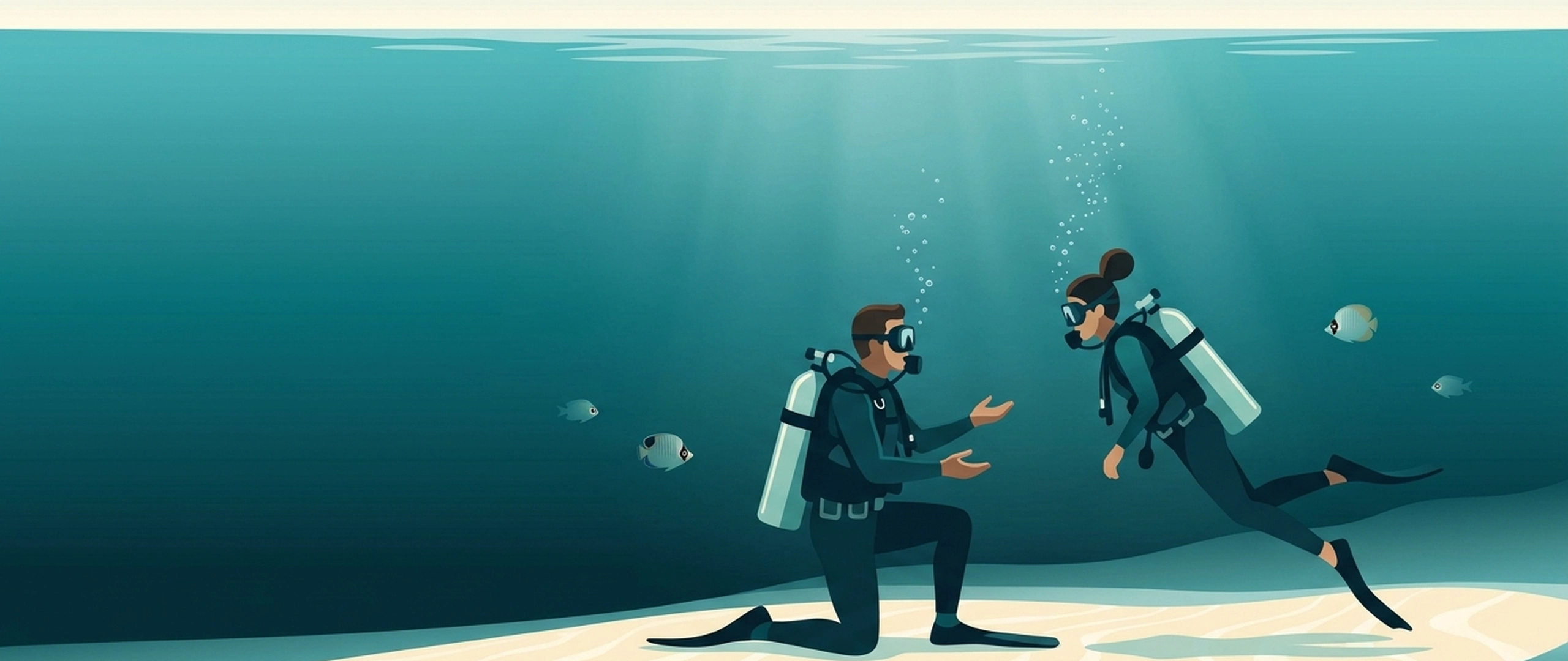 教练和成年学生在浅沙地上练习技巧的插画