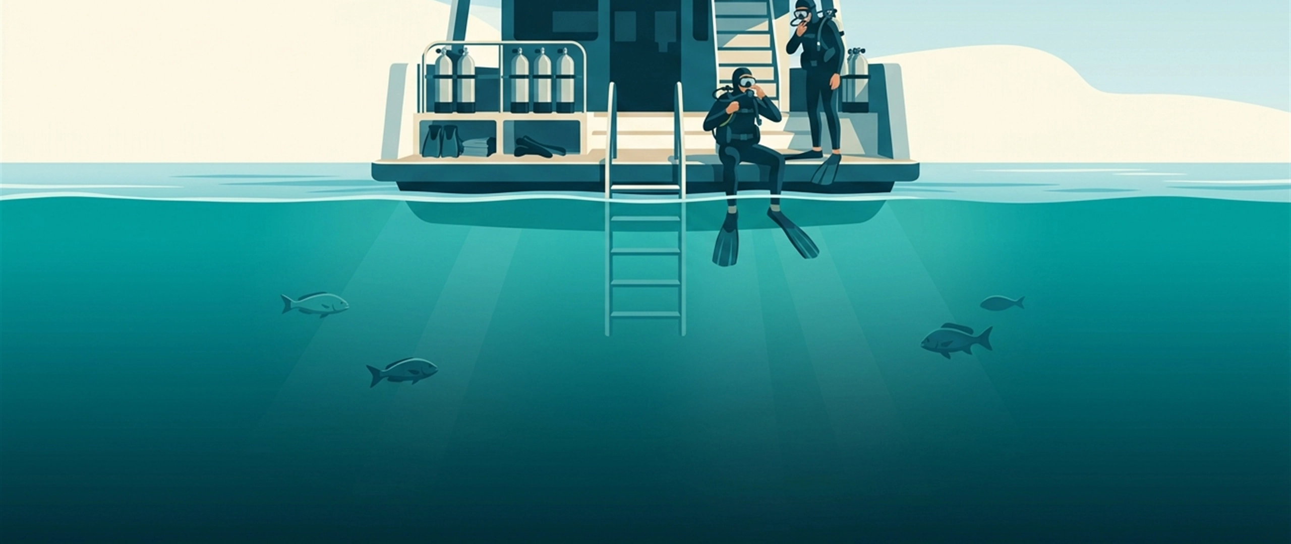 船宿潜水甲板及两名准备入水的潜水员的插画
