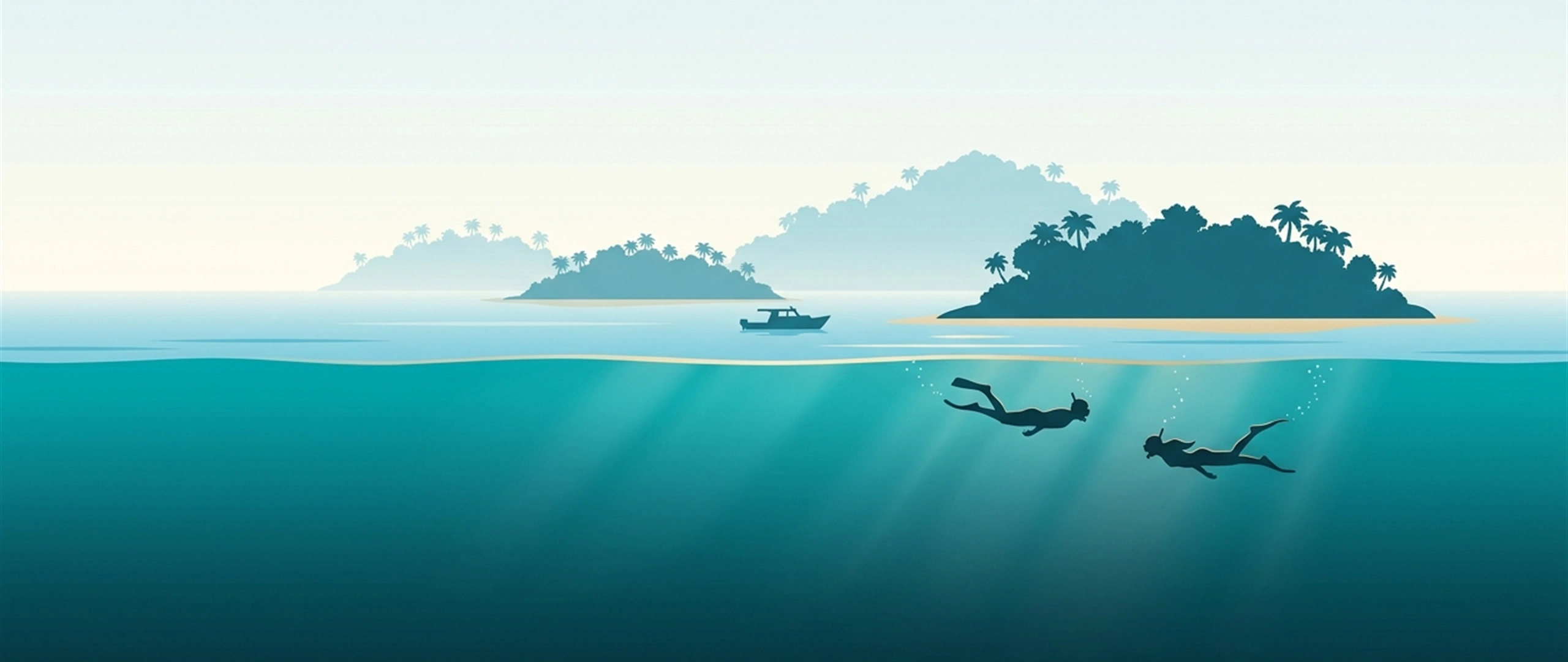 三座小岛、岛间一艘船及两名浮潜者的插画