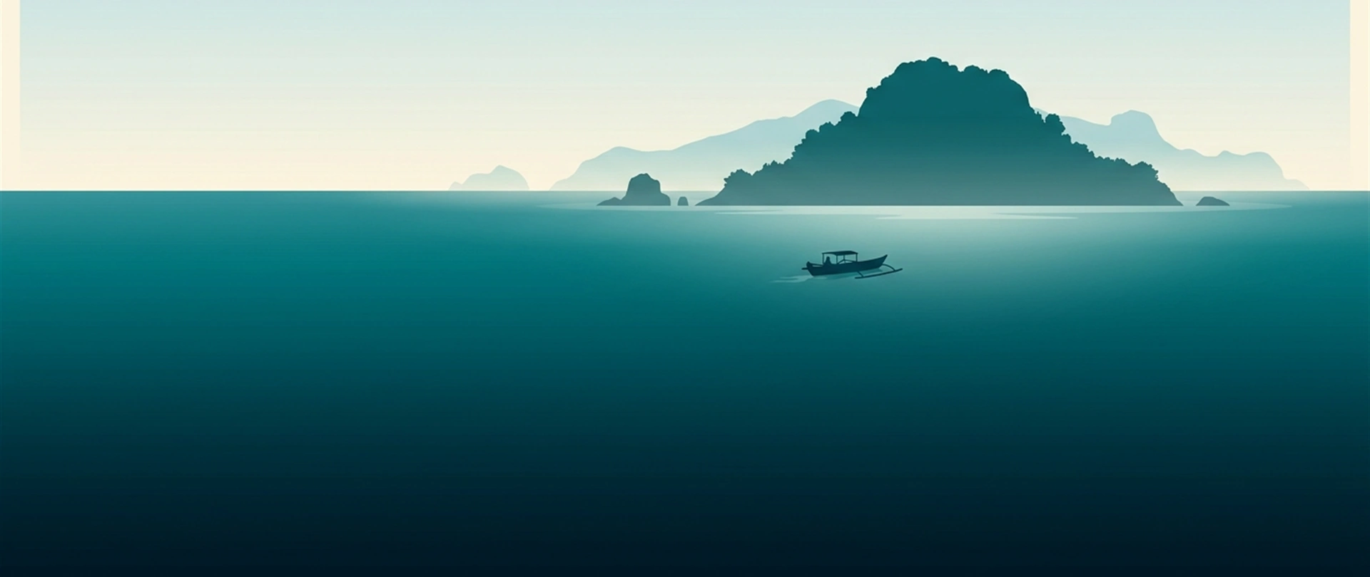 Illustration of a small wooden boat approaching a steep-sided island