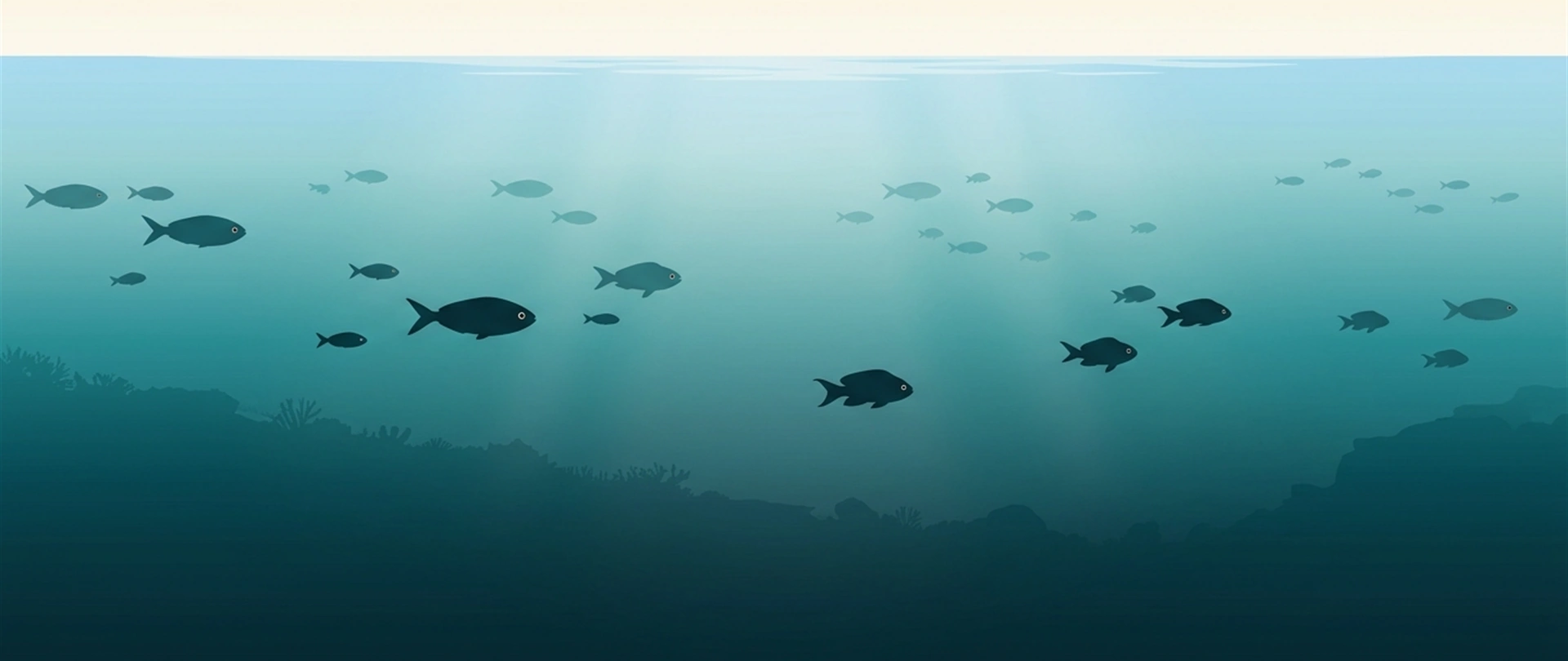 Illustration of a wide open-water scene with many fish receding into haze