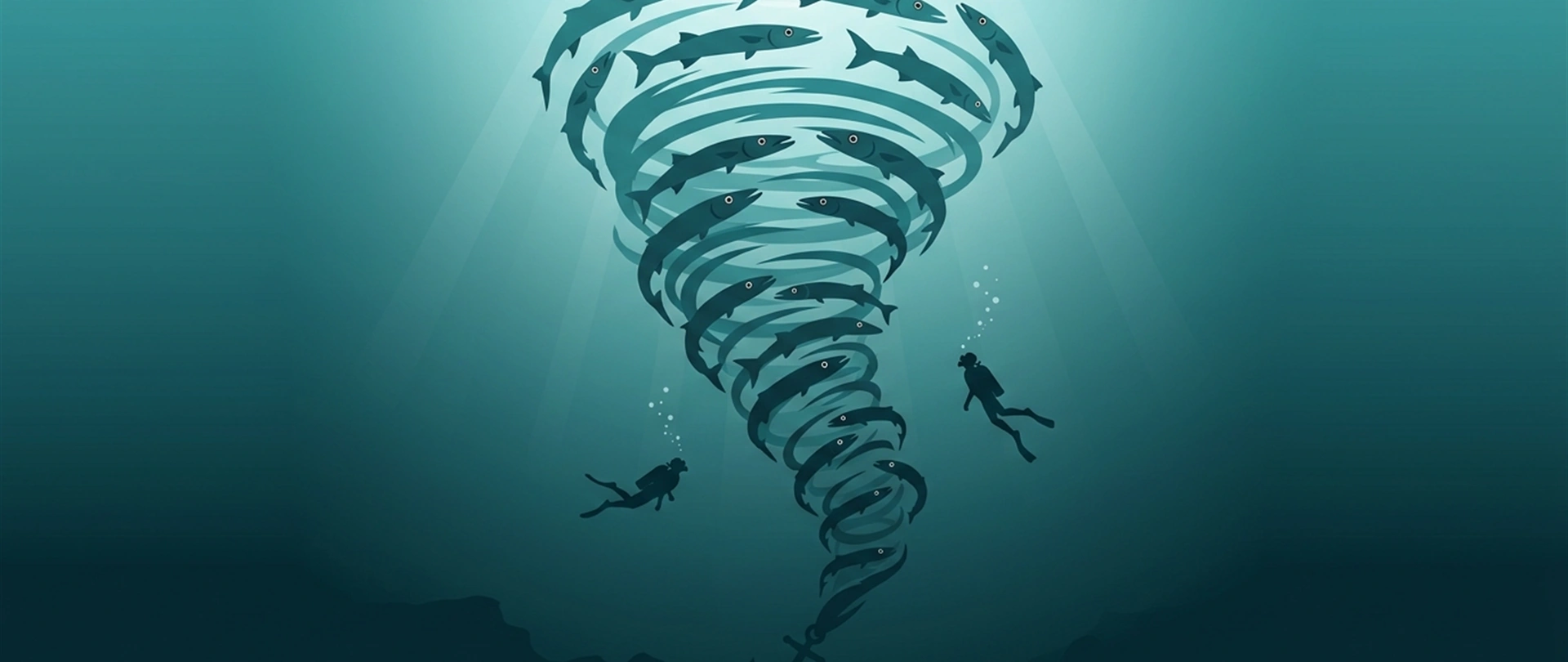 Illustration of a barracuda tornado with two divers watching from below