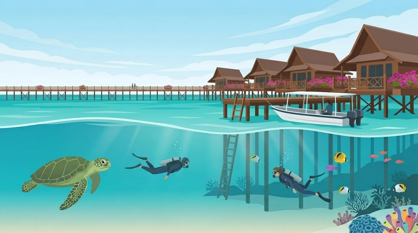 Illustration of the Kapalai jetty with a ladder into the sea and, below the waterline, two divers and a turtle over the reef among the pilings
