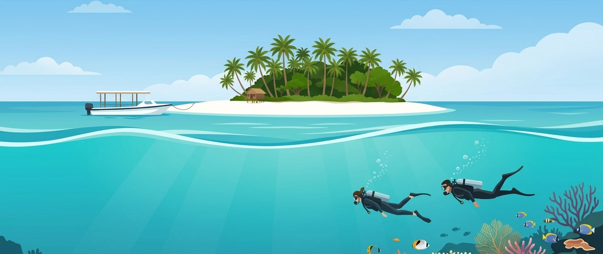 Illustration of a sandbank island at Sibuan and Mantabuan with palms and a beach chalet and, below the waterline, two divers over a shallow reef
