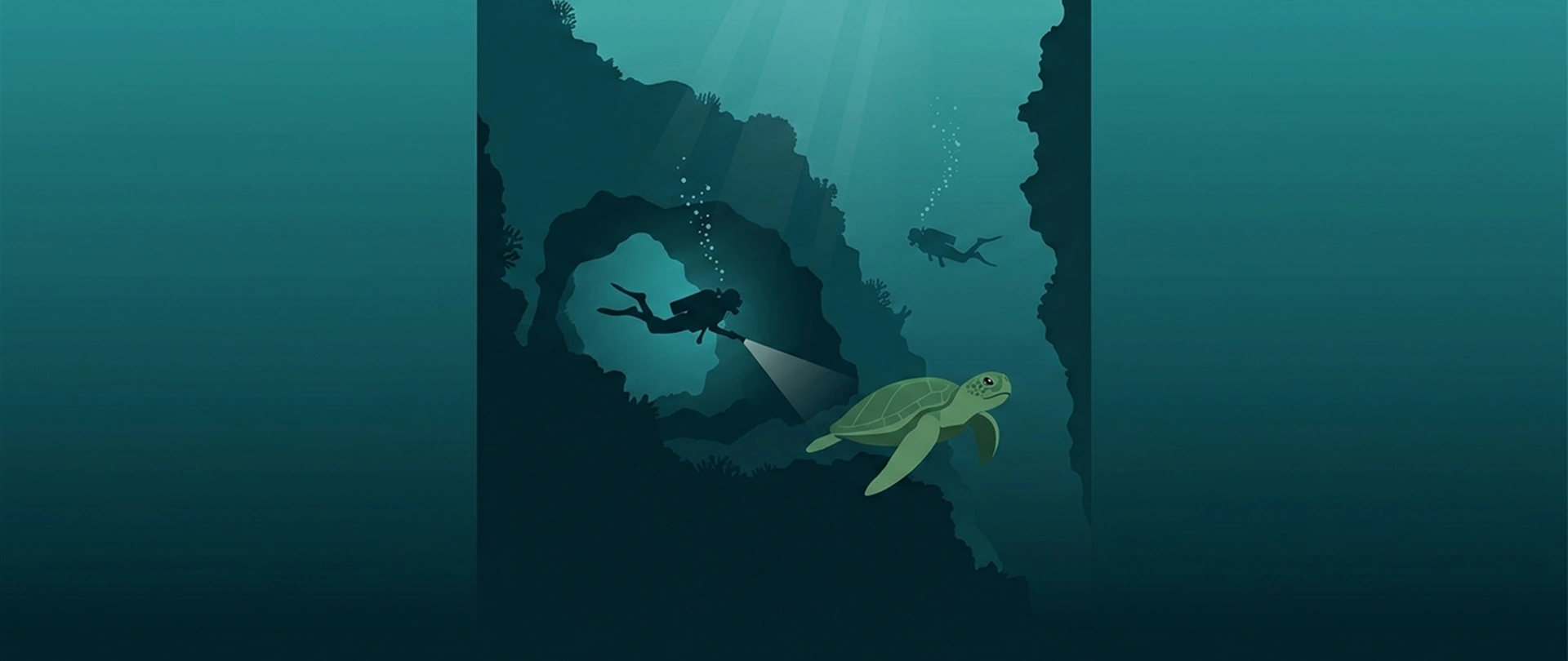 Illustration of a diver at the entrance to an underwater cave with a turtle passing nearby