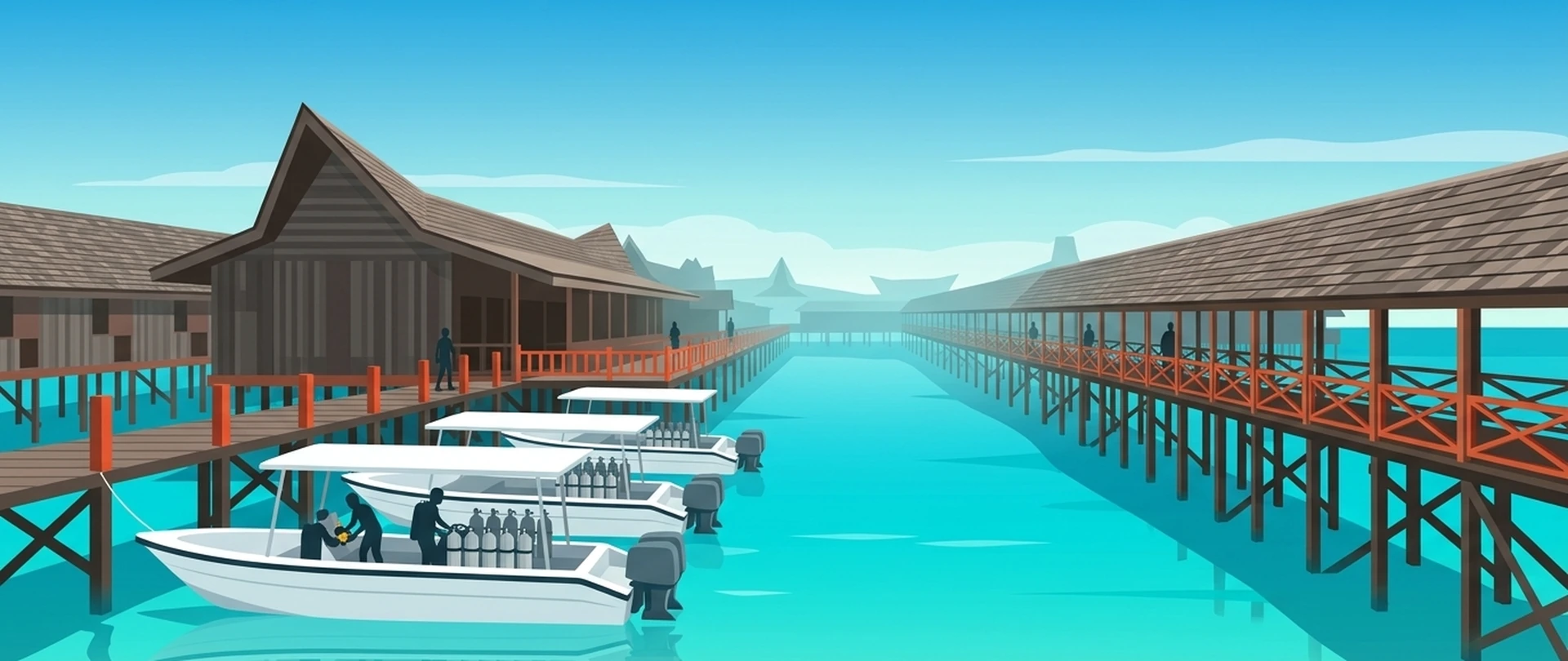 Illustration of a working jetty in Semporna with dive boats moored, tanks racked and gear being loaded aboard