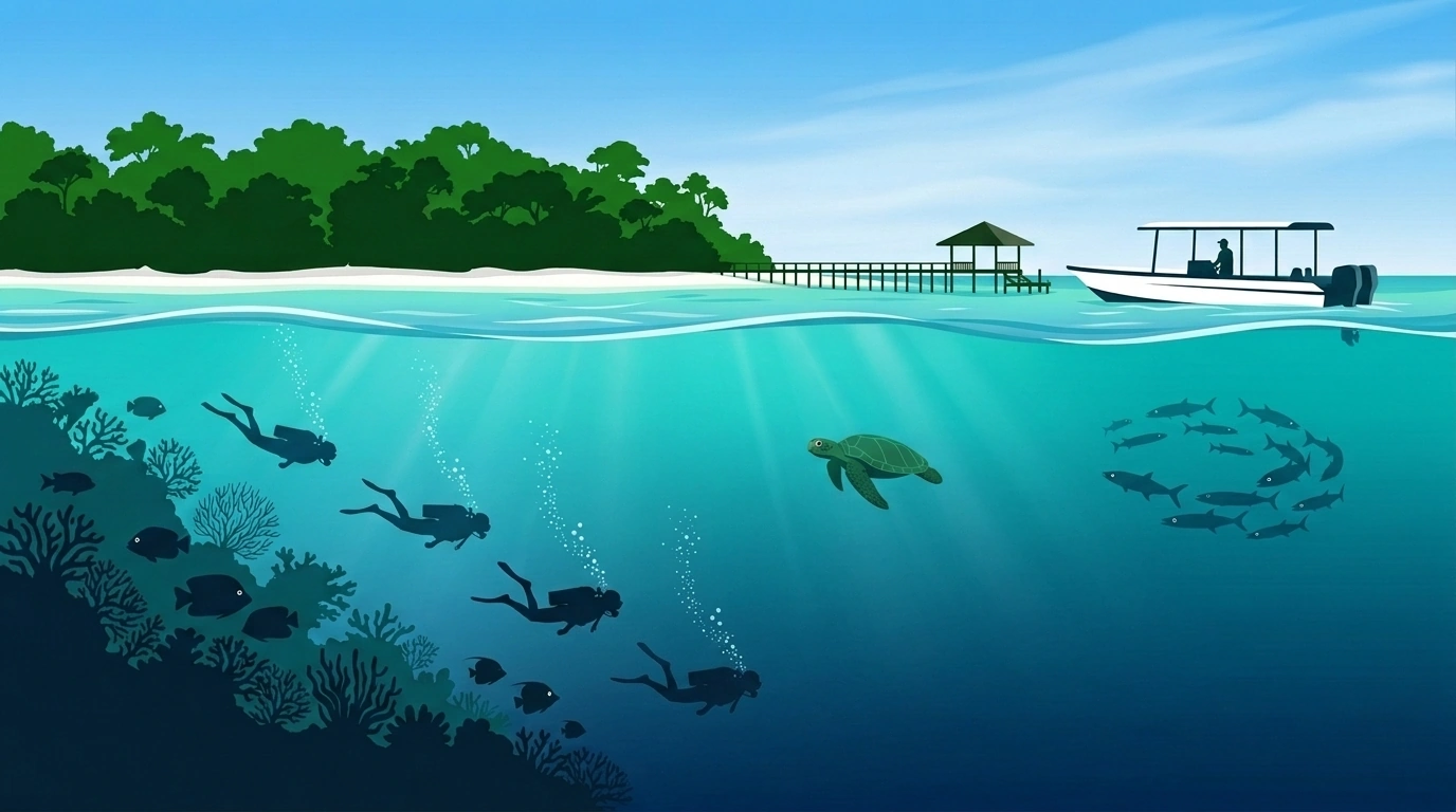 Illustration of Sipadan with a dive boat on the surface and, below the waterline, two divers descending the wall
