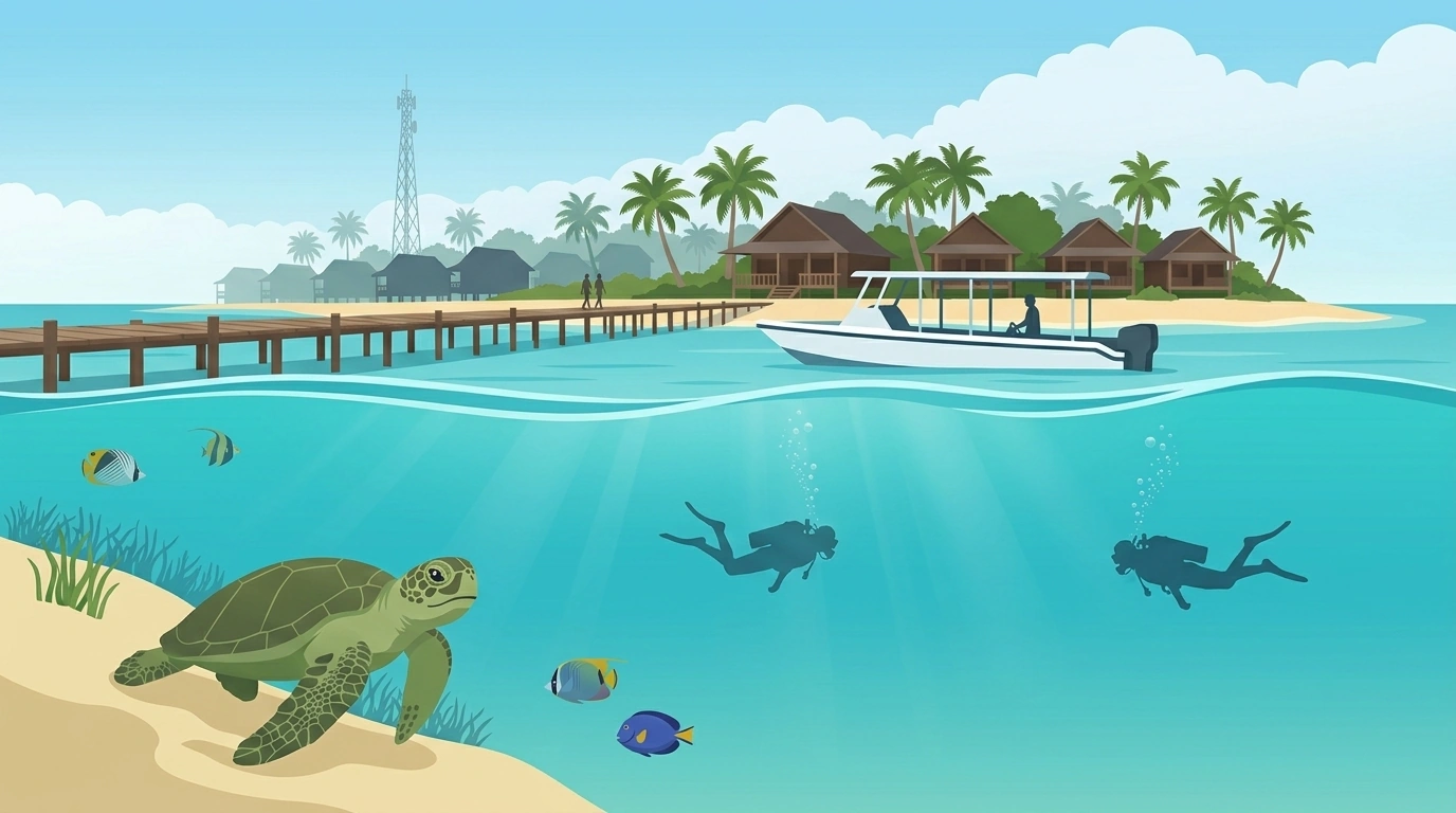 Illustration of Derawan, a low palm island with a long jetty and, below the waterline, two divers and a green turtle on a sandy slope