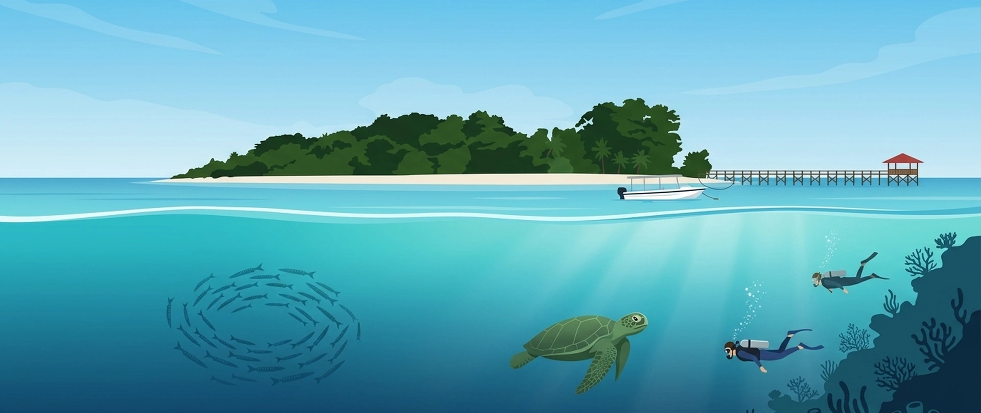 Illustration of Sipadan, a steep-sided island with a dive boat above the drop-off and, below the waterline, two divers descending the reef wall