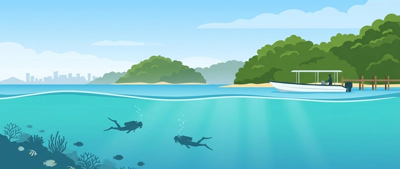 Illustration of the marine park islands off Kota Kinabalu with the city faint behind and, below the waterline, two divers over a shallow reef with small fish