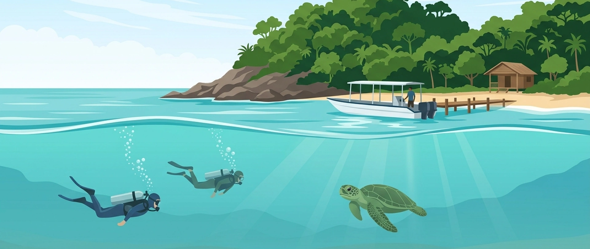Illustration of a turtle sanctuary island off Kuching with a hut on the beach and, below the waterline, two divers and a green turtle over a silty bottom
