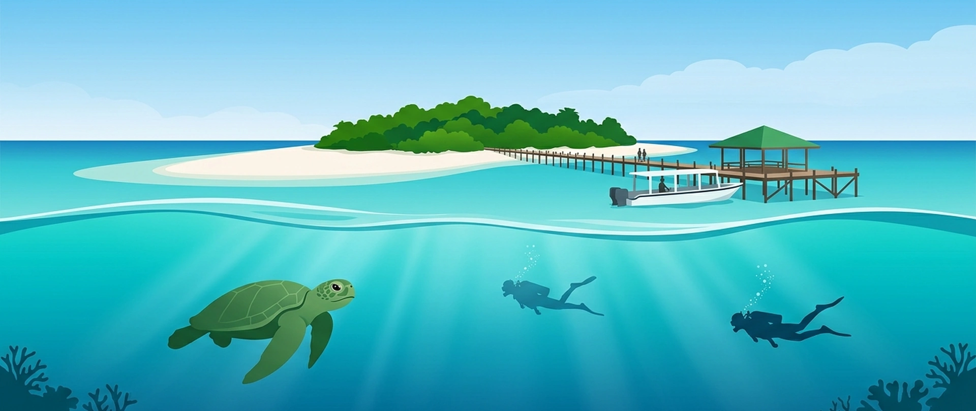 Illustration of Lankayan island above the waterline and, below it, two divers with a green turtle over a sandy reef