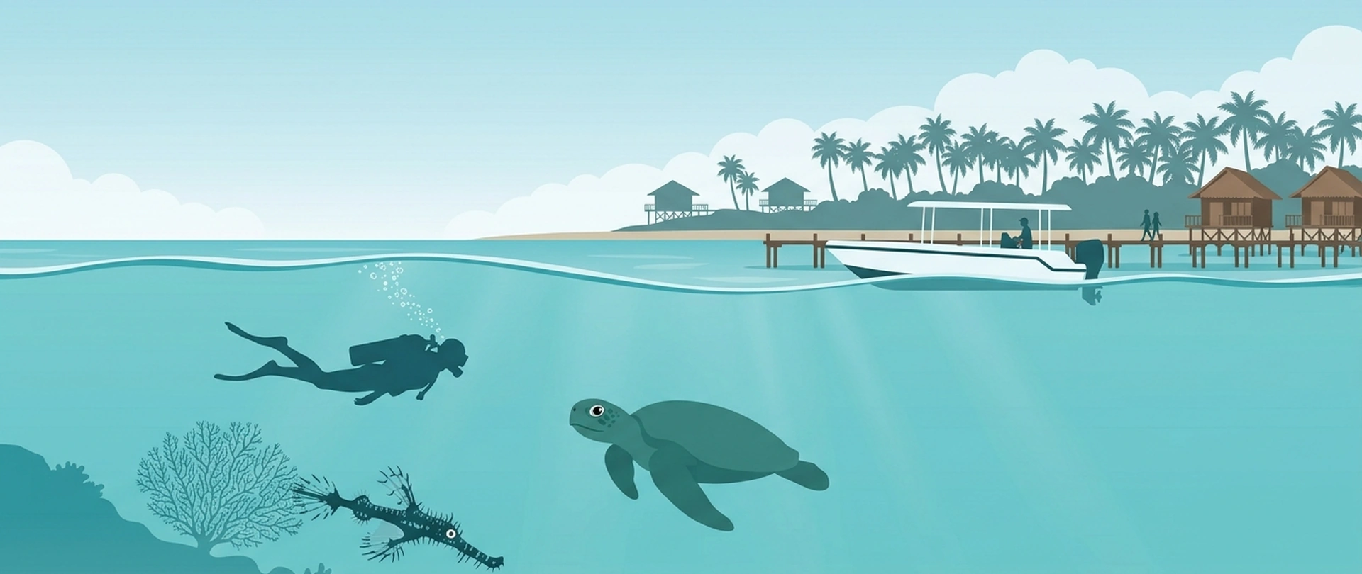 Illustration of Mabul island above the waterline and, below it, a diver with an ornate ghost pipefish by a sea fan and a green turtle swimming in mid-water