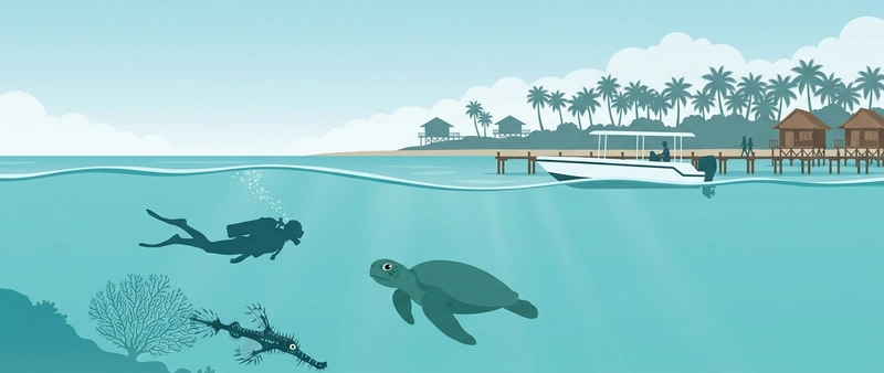 Illustration of Mabul island above the waterline and, below it, a diver with an ornate ghost pipefish by a sea fan and a green turtle swimming in mid-water