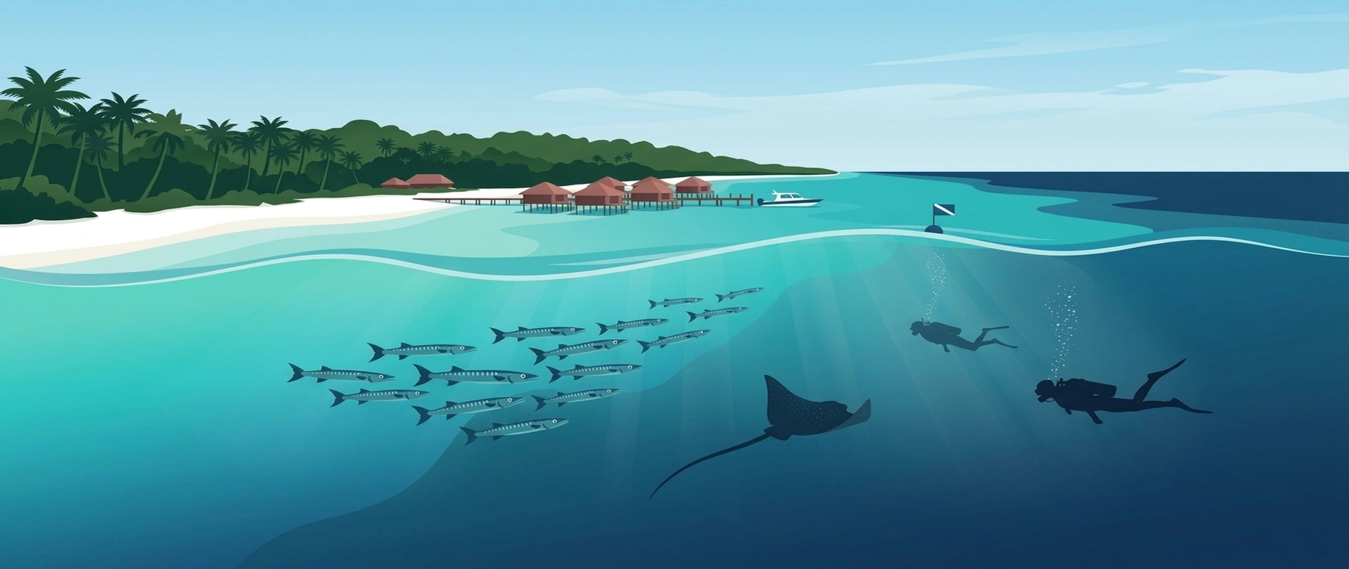 Illustration of the Maratua atoll and its channel and, below the waterline, two divers with barracuda and a manta ray in the current