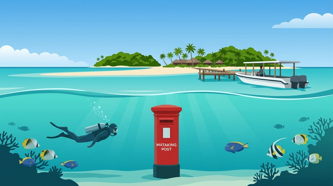 Illustration of Mataking island above the waterline and, below it, a diver by the red underwater postbox among reef fish