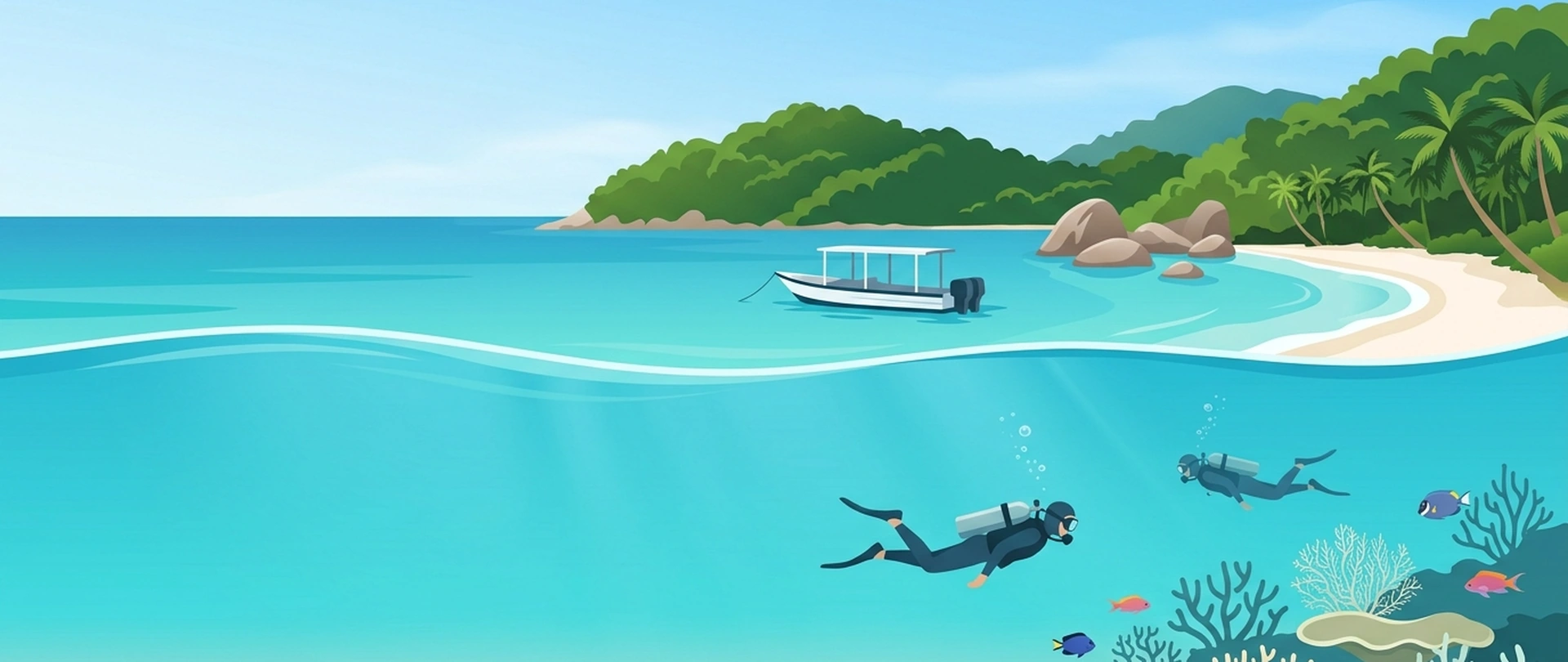 Illustration of two forested Perhentian islands with a pale beach and, below the waterline, two divers over a coral garden with small fish