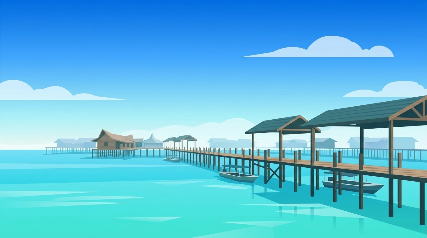 Illustration of the Semporna jetty with dive boats moored and a stilt village behind