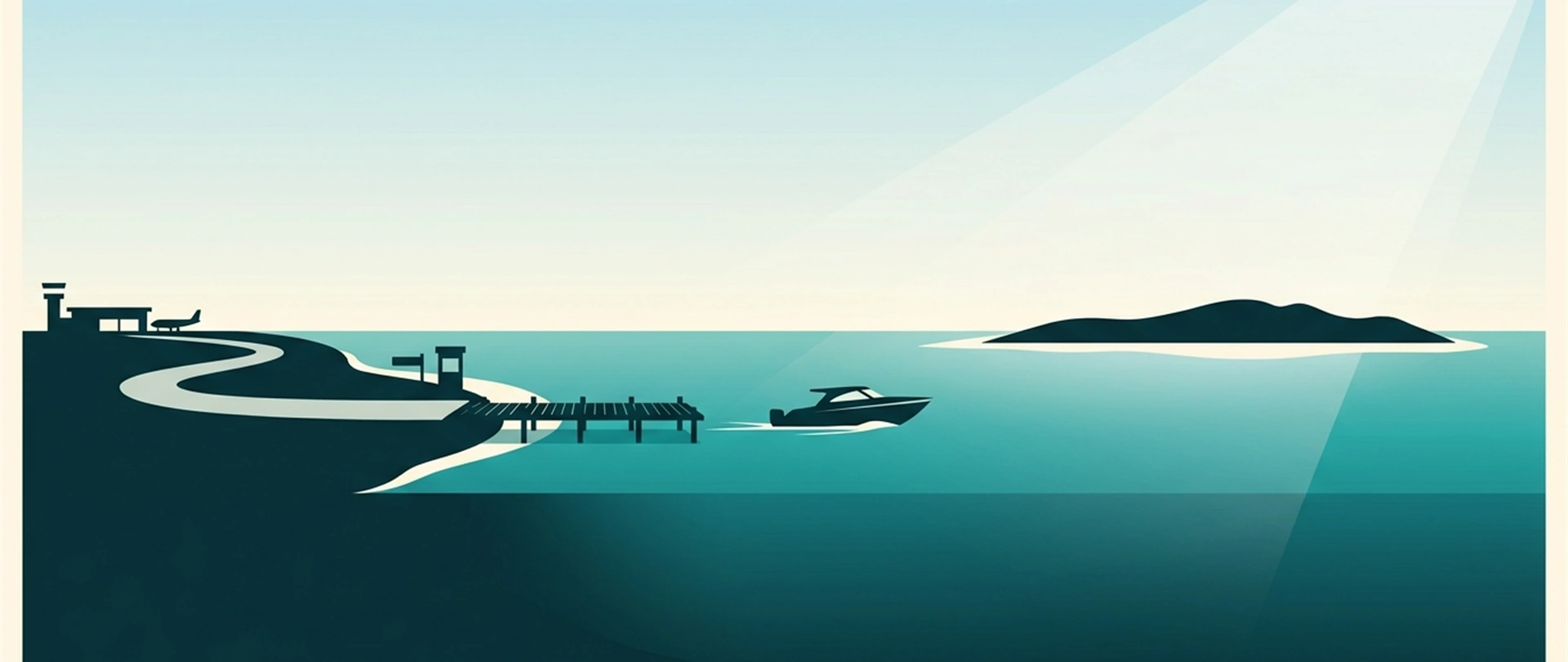 Illustration of a journey diagram from airport to road to jetty to boat and island