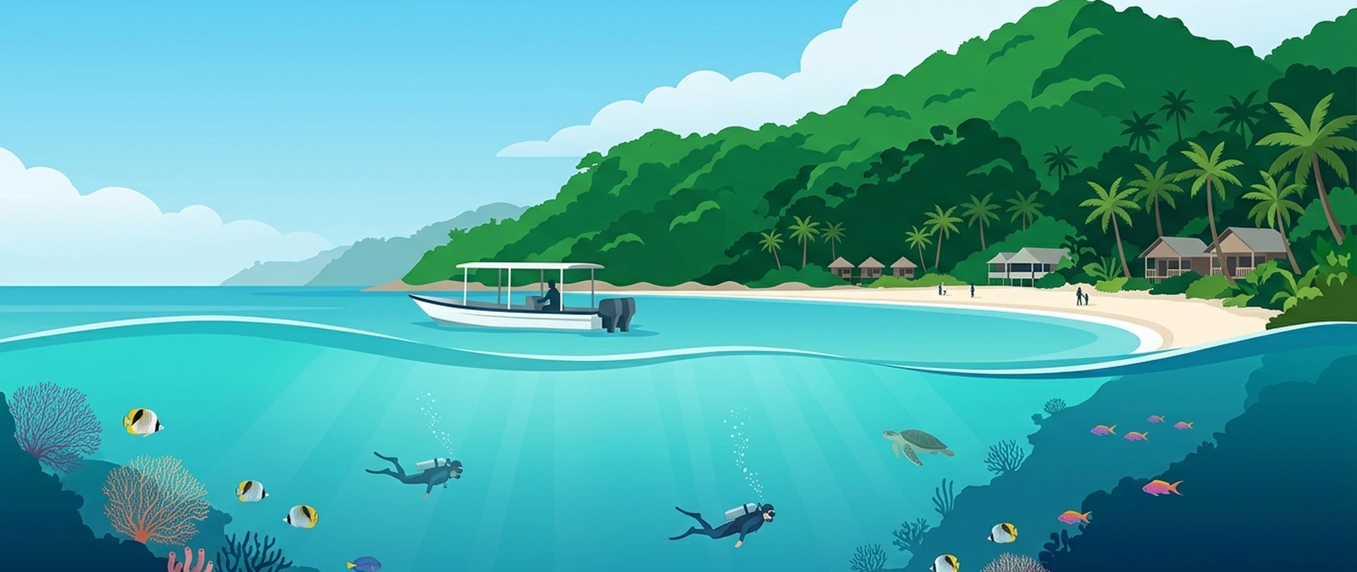 Illustration of Tenggol, a small steep island with beachfront chalets and, below the waterline, two divers along a wall dropping into deeper water