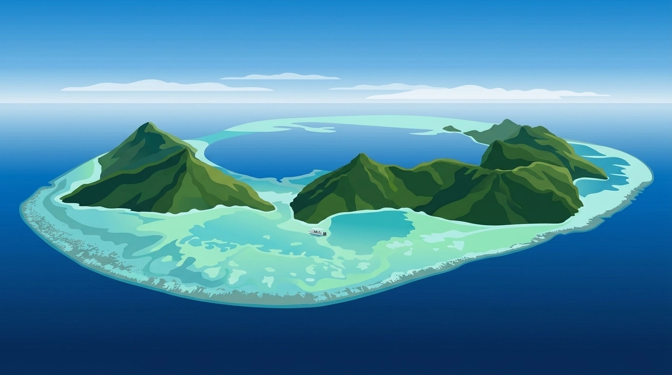 Illustration of Bohey Dulang, a steep forested volcanic island rising from the sea, with a dive boat