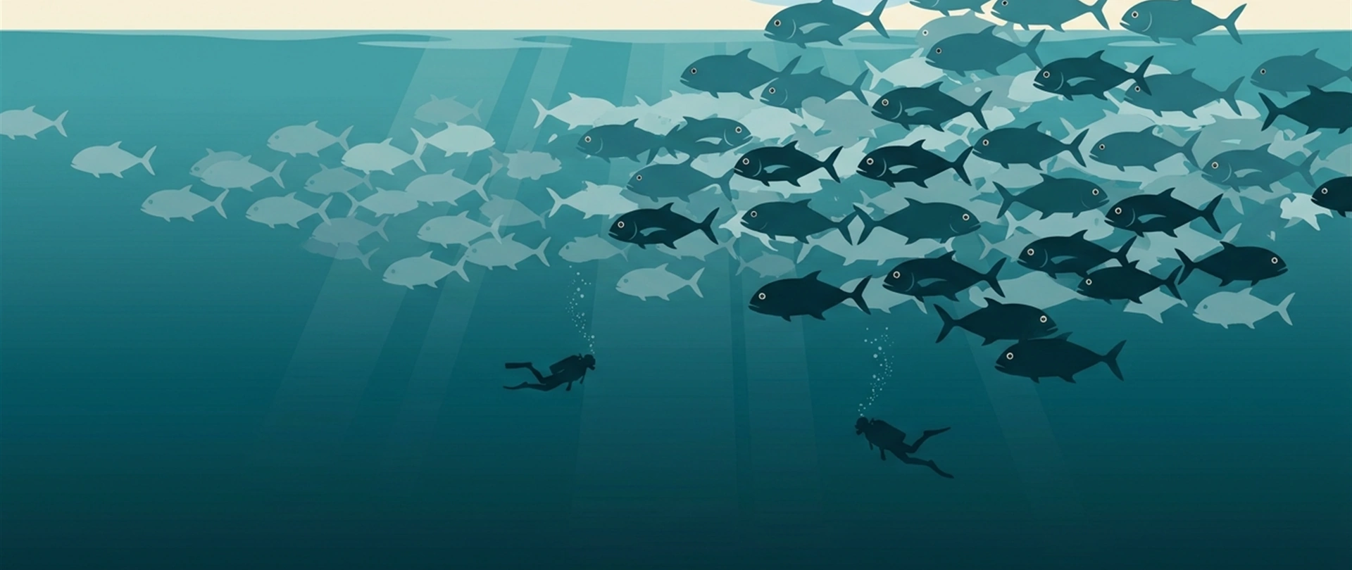 Illustration of a school of bigeye trevally filling the water above two divers