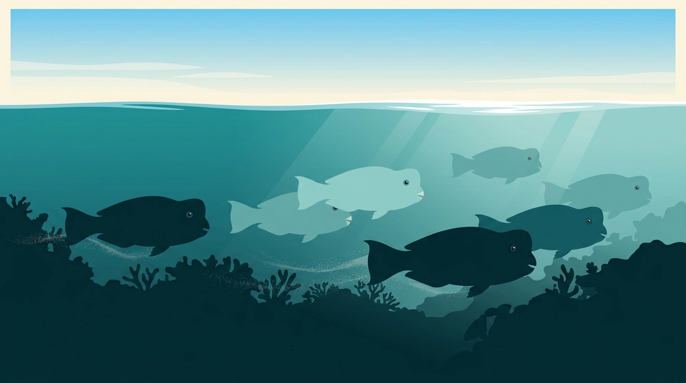 Illustration of a herd of bumphead parrotfish with a trail of sand behind them