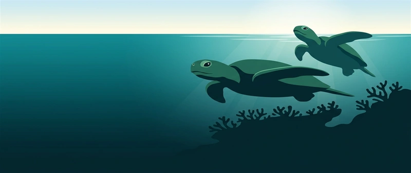 Illustration of two green turtles, one gliding and one rising toward the surface