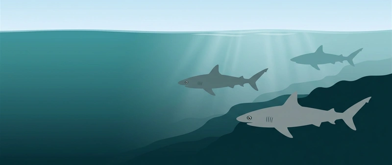 Illustration of three grey reef sharks patrolling along a reef edge