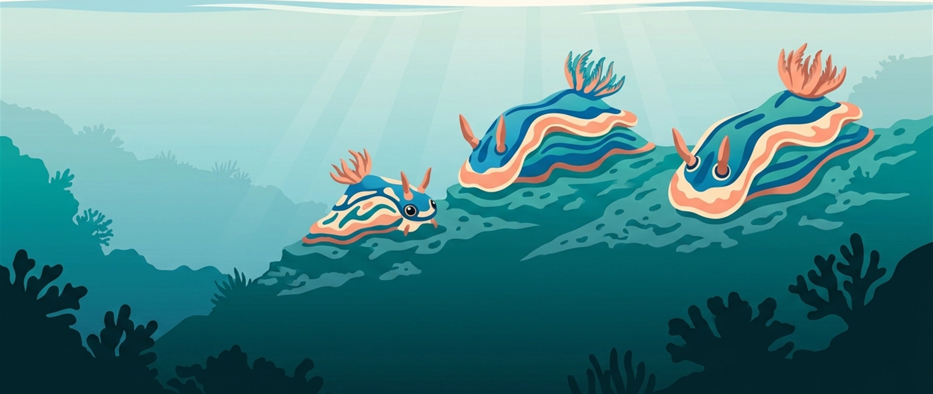 Illustration of three nudibranchs on a piece of reef, seen close