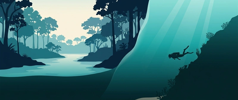 Illustration of a rainforest river on one side and an underwater reef wall on the other
