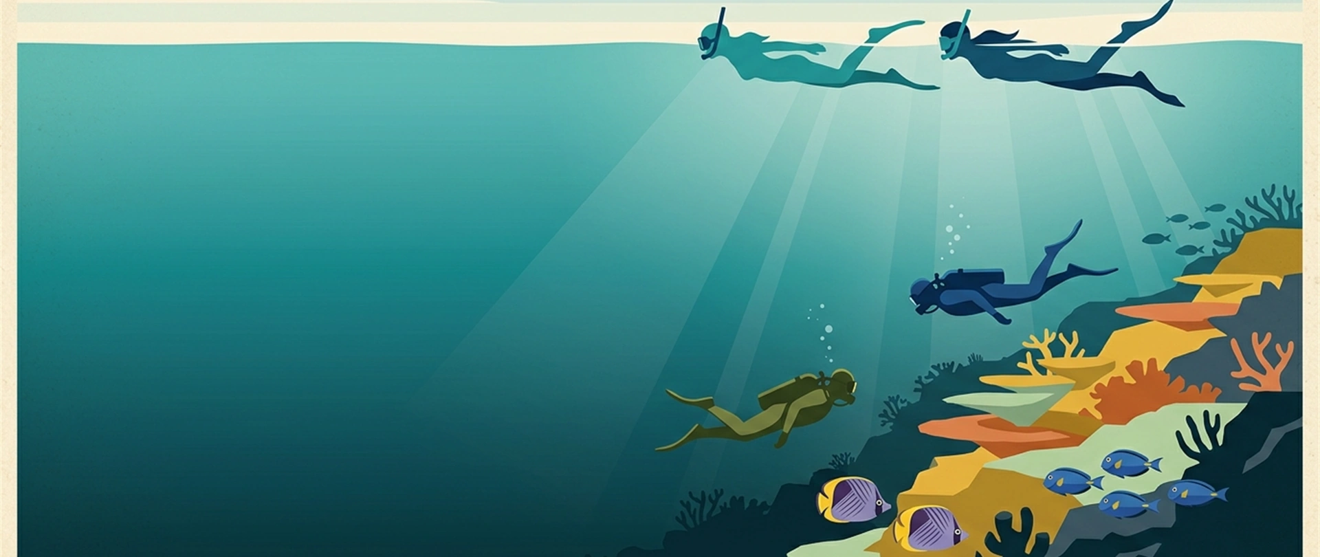 Illustration of two snorkellers at the surface above two divers on a shallow reef