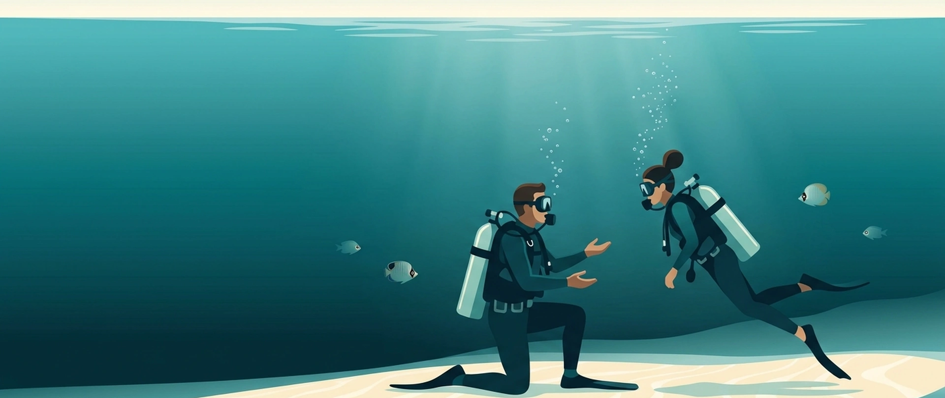 Illustration of an instructor and an adult student practising a skill on shallow sand