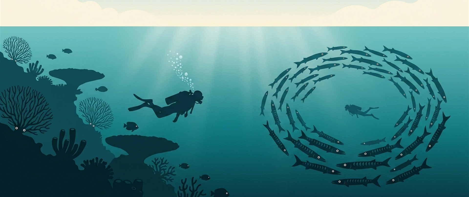 Illustration of a reef wall on one side and an atoll channel with barracuda on the other