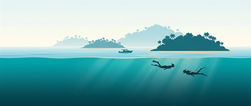 Illustration of three small islands with a boat between them and two snorkellers