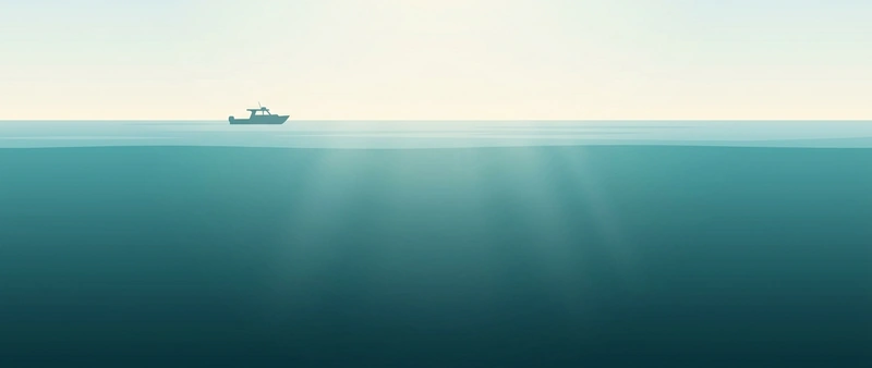 Illustration of a calm sea under a bright sky with a single dive boat far off