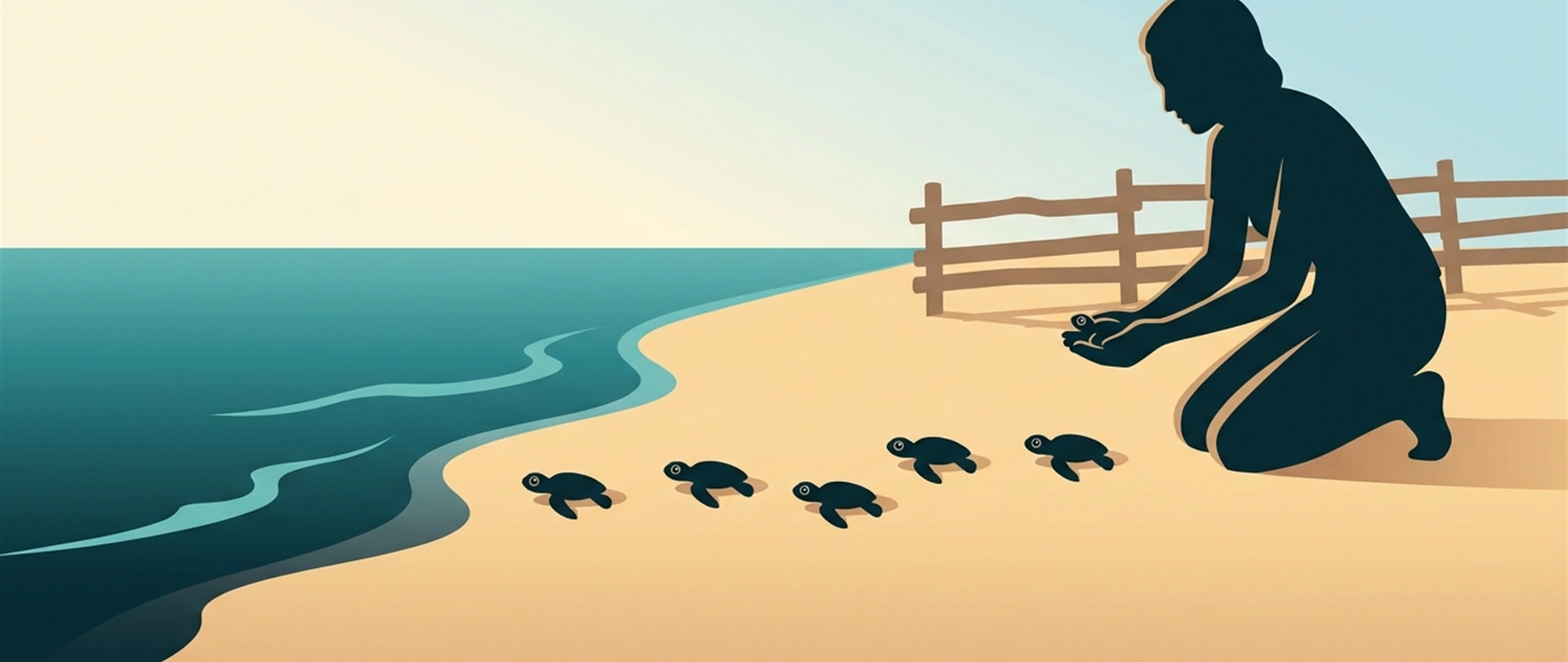 Illustration of a volunteer releasing turtle hatchlings on a beach at dusk