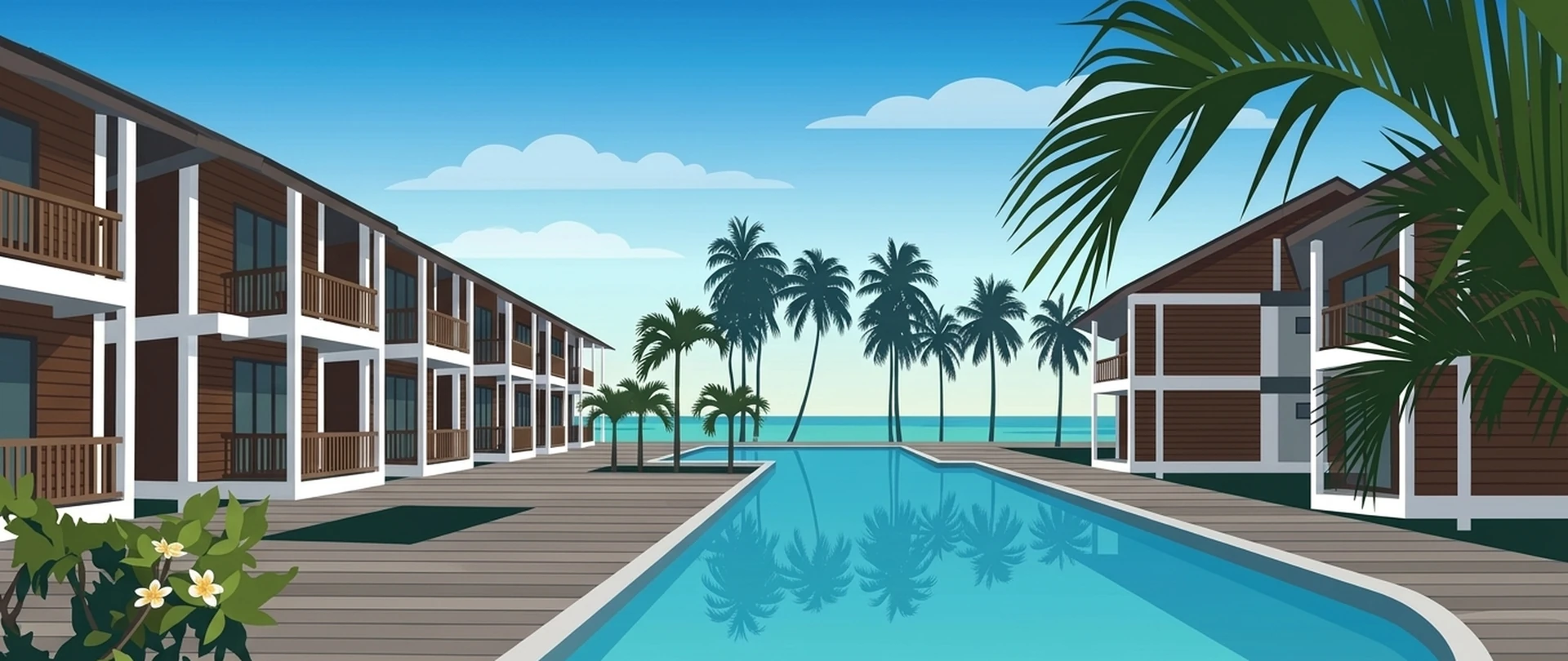 Illustration of Borneo Divers Mabul Resort's two-storey blocks around a swimming pool among palms