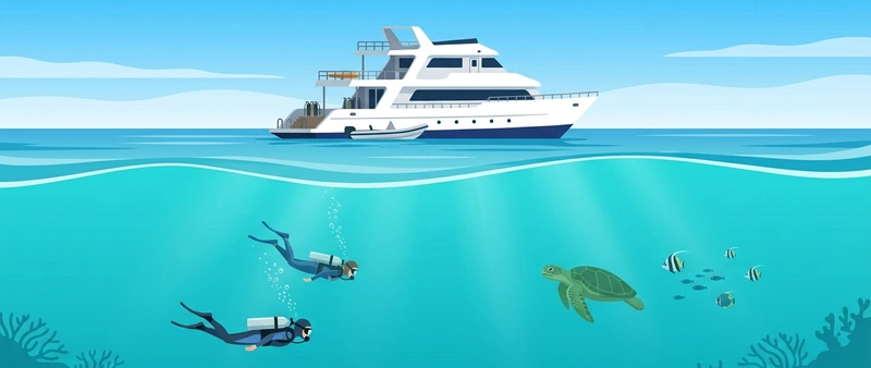 Illustration of the MV Celebes Explorer at sea with a tender alongside and, below the waterline, two divers descending towards a reef