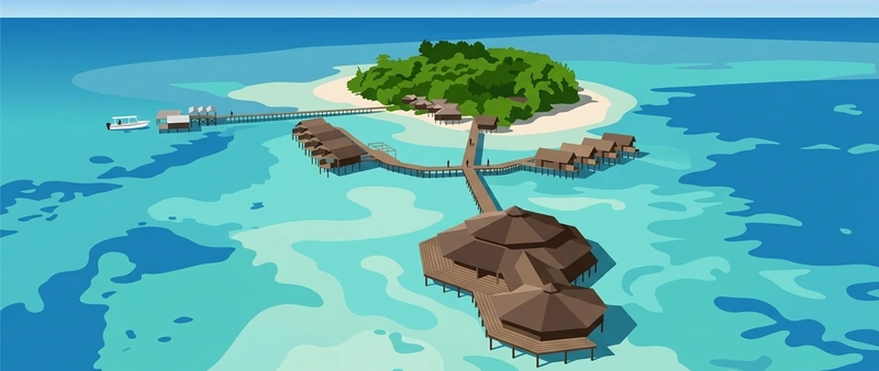 Illustration of Lankayan Island Dive Resort's over-water chalets and restaurant pavilion, joined by walkways to Lankayan island, with a dive boat at the jetty