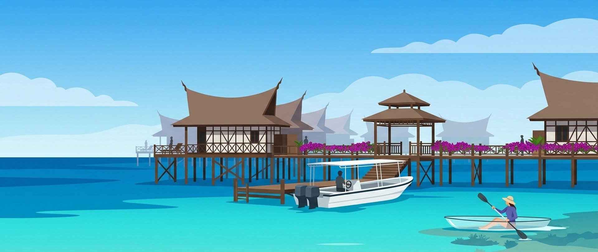 Illustration of over-water bungalows on stilts at Mabul, with a kayaker in a clear-hulled kayak on the shallows