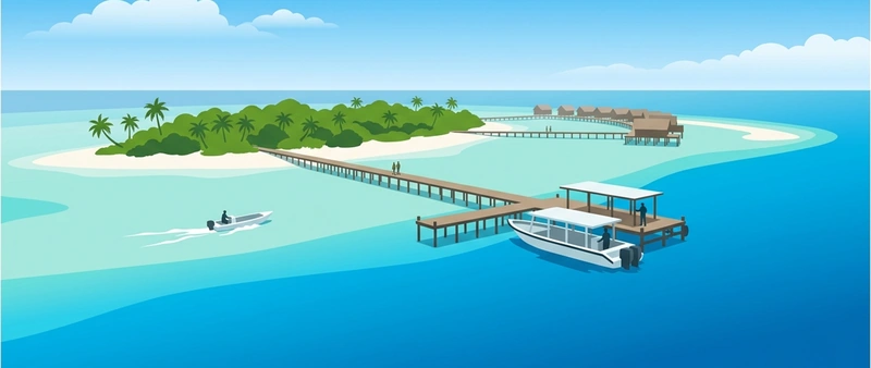 Illustration of Mataking island with its sandbar beach and a long jetty, a dive boat moored at its end