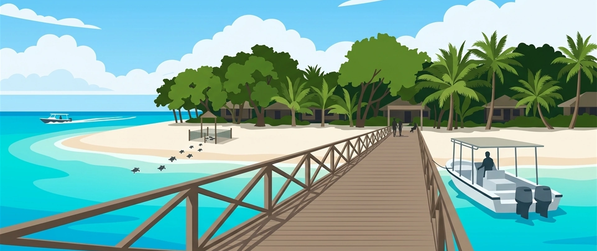 Illustration of a beach on Pom Pom island with a fenced turtle nest enclosure on the sand