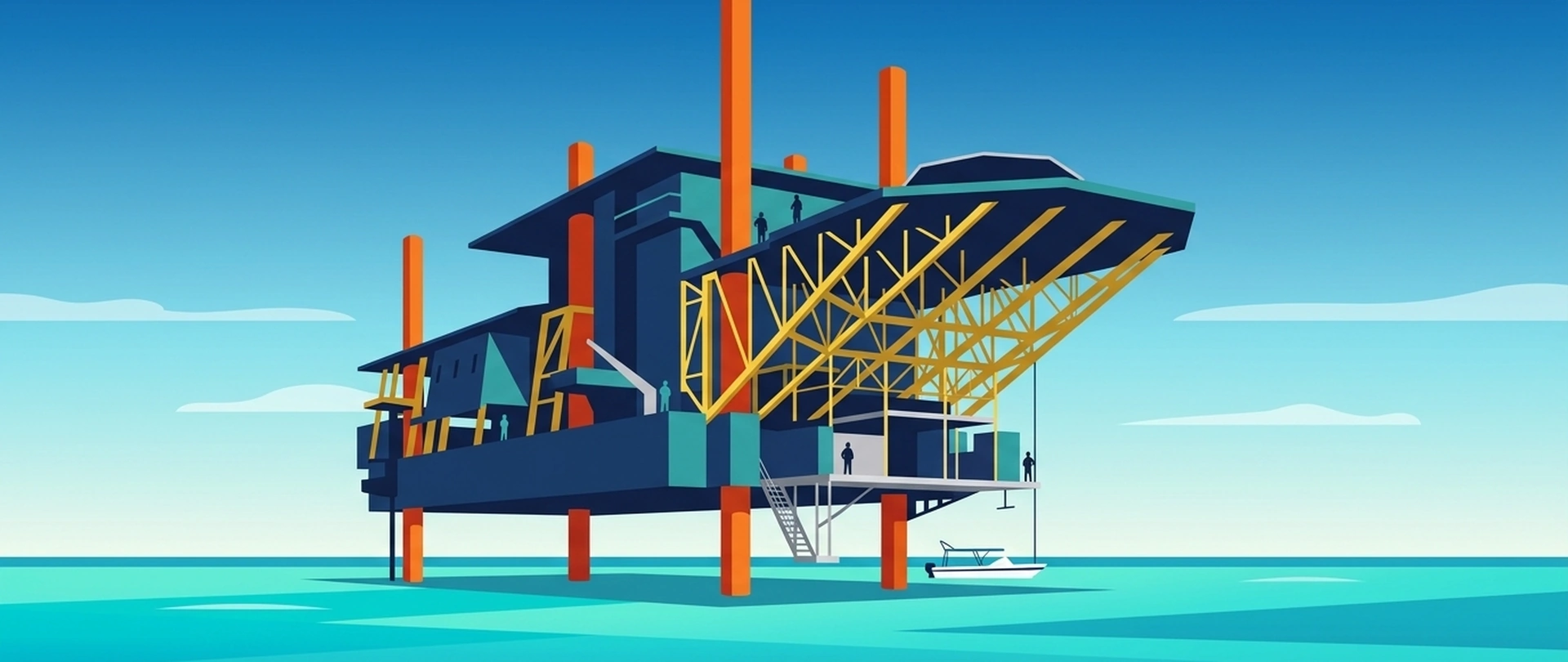 Illustration of a converted oil rig standing on its legs in open sea