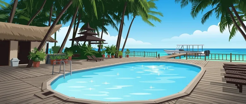 Illustration of Sipadan-Mabul Resort's swimming pool and sun deck among palms, with the sea beyond